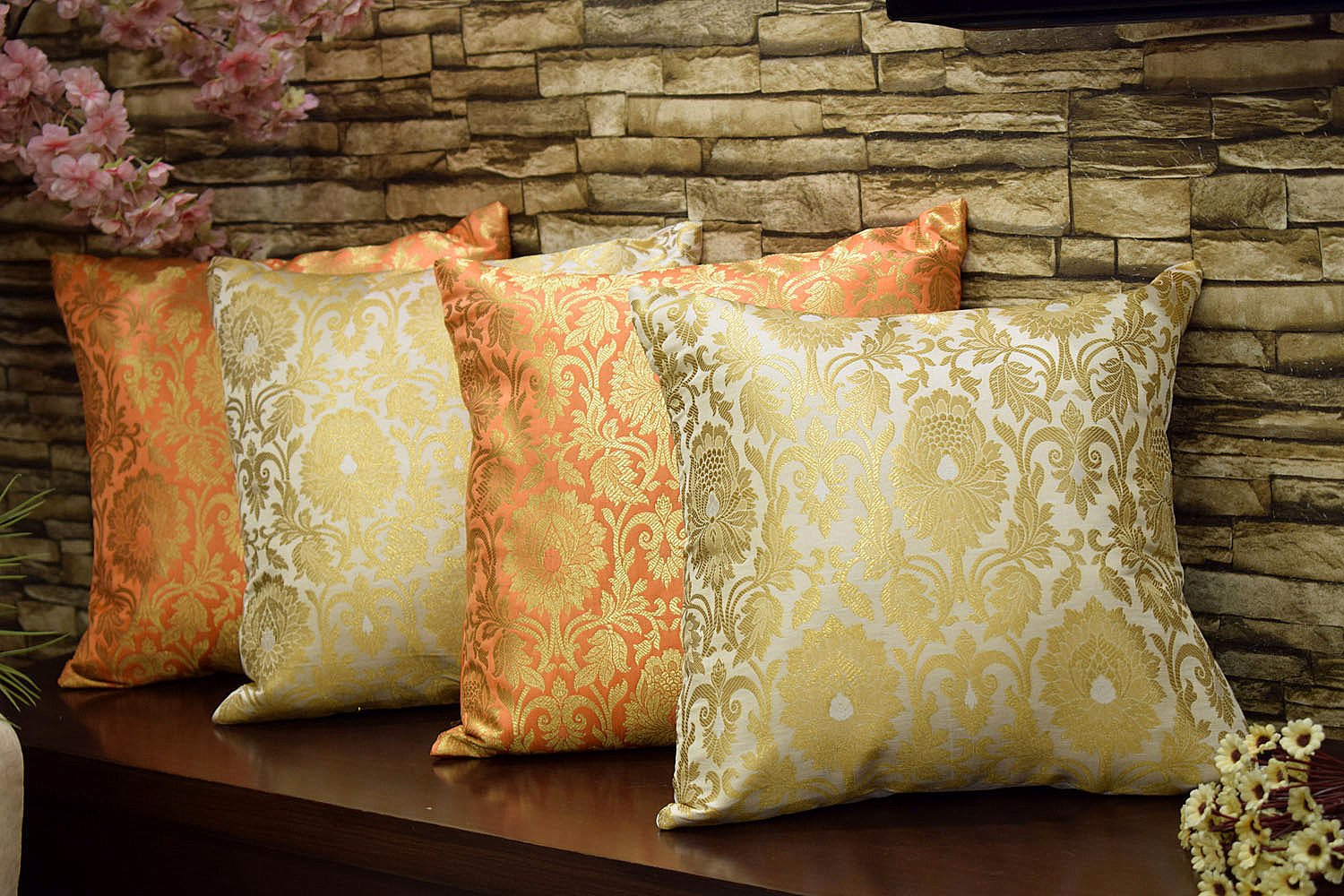 MUGHAL BANARASI Brocade Cushion Covers Combo (Orange & White)
