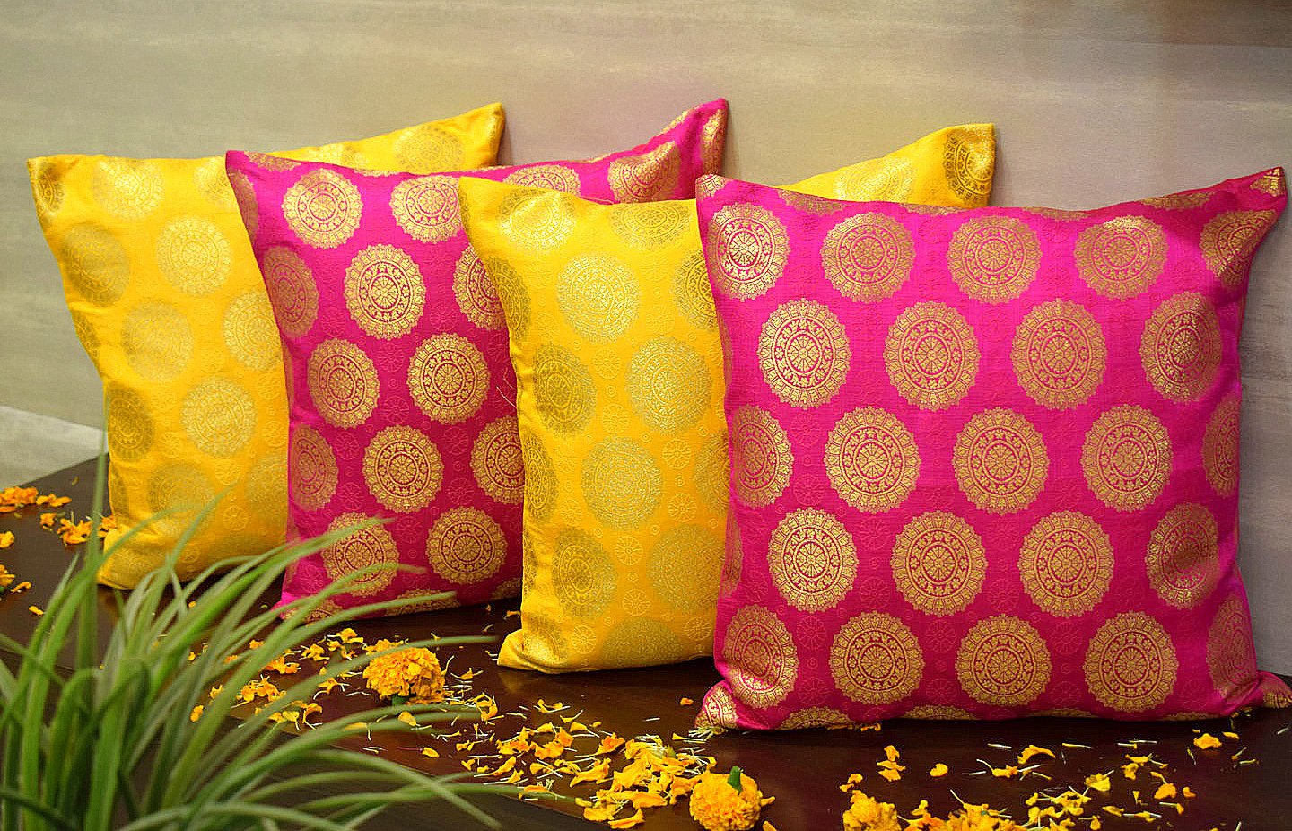 Mandala Brocade Silk Cushion Covers Combo (Yellow & Magenta)