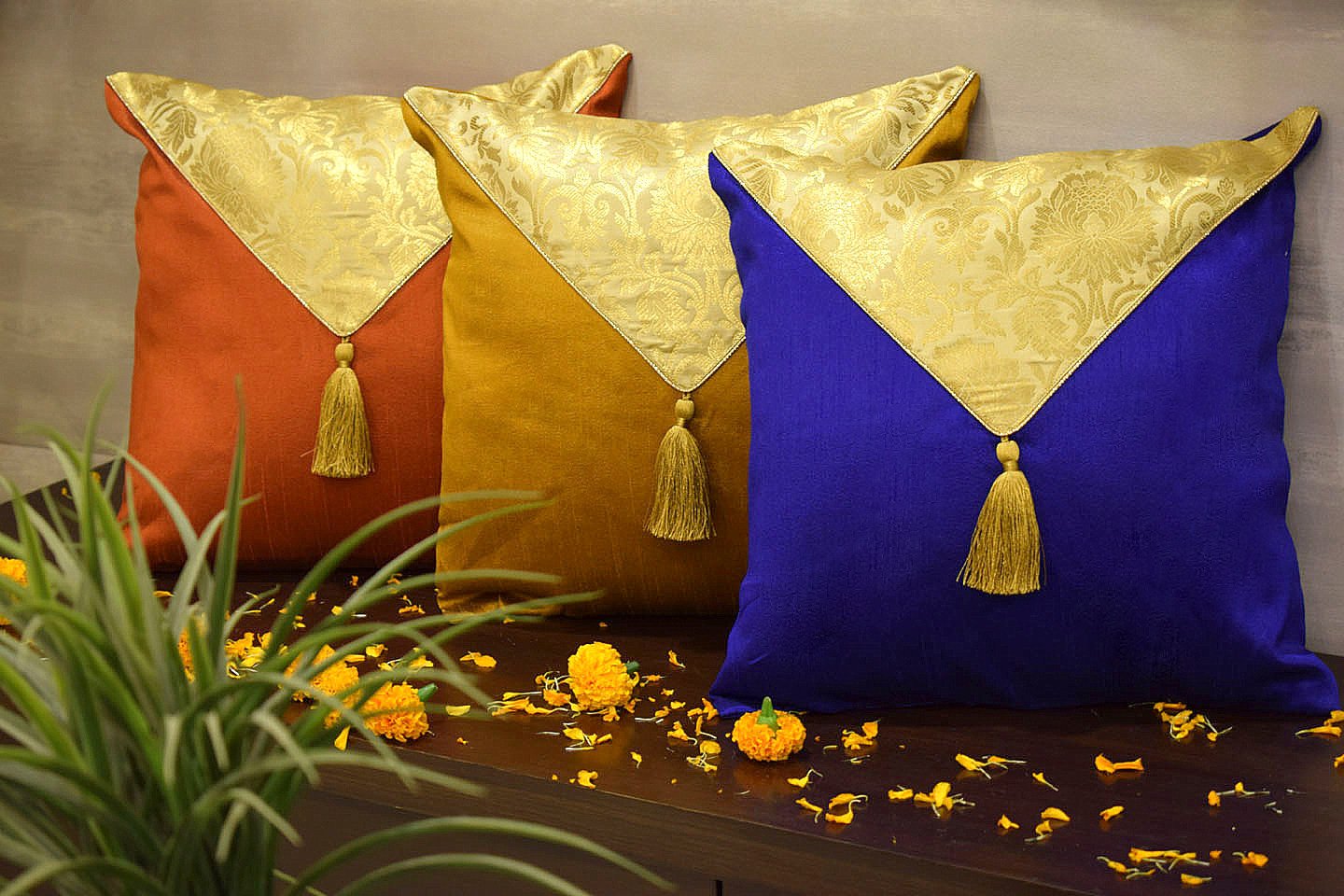 Mehrang Cushion Covers Combo ( Blue, Rustic Golden, Red Brown)