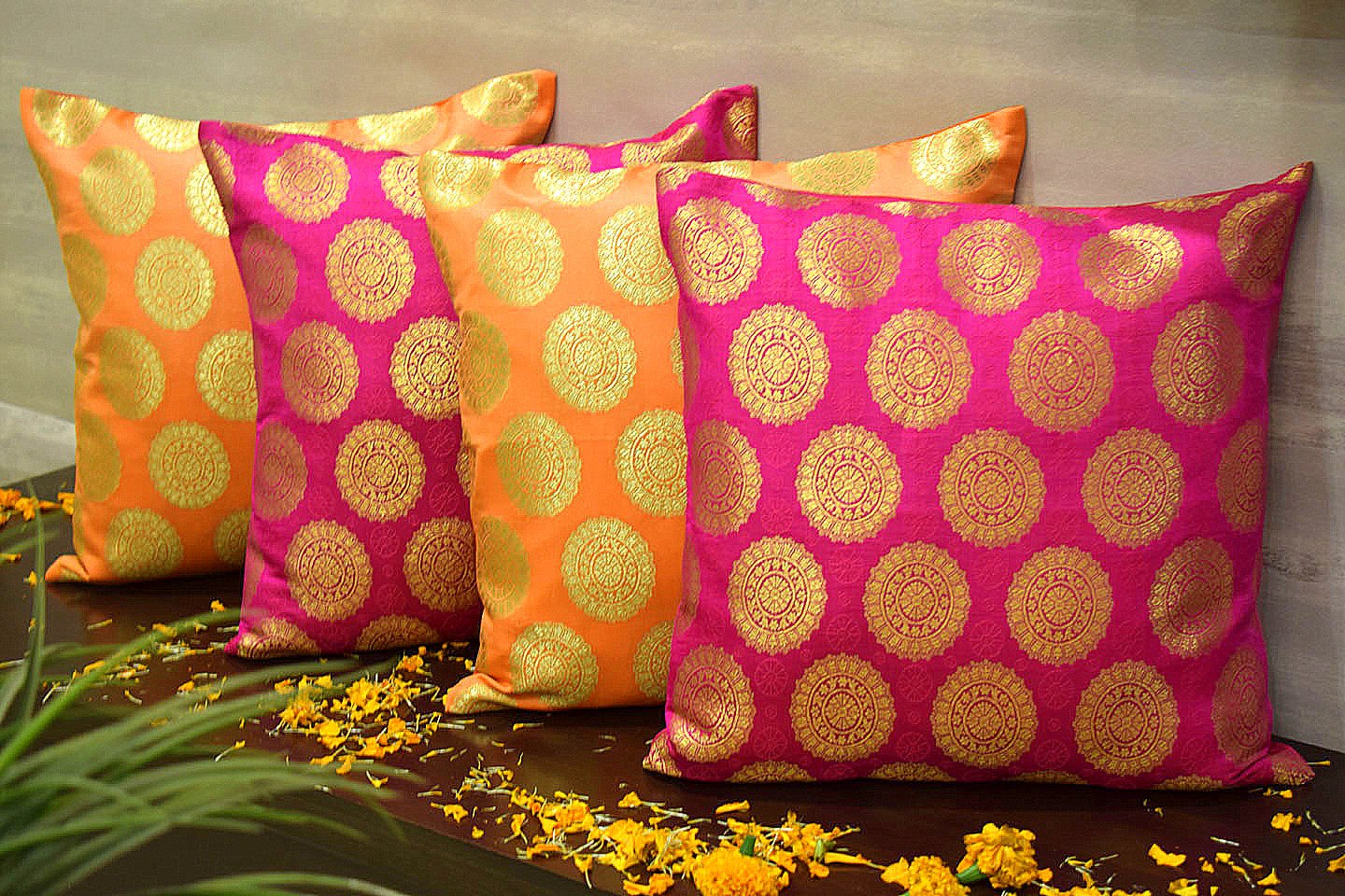 Mandala Brocade Silk Cushion Covers Combo (Orange & Magenta)