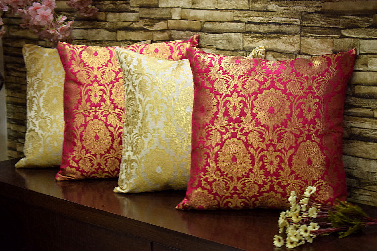 MUGHAL BANARASI Brocade Cushion Covers Combo (Bougainvillea Pink & White)