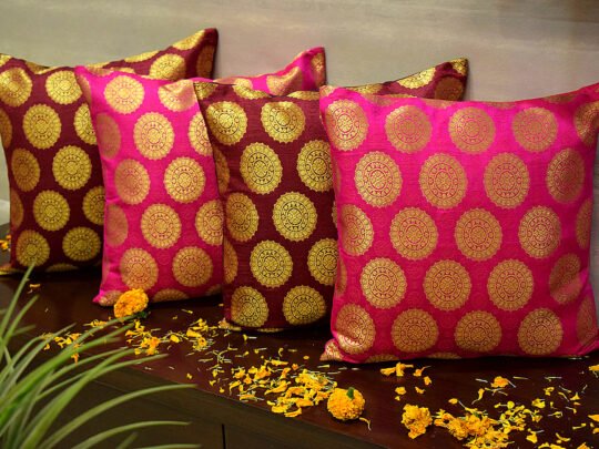 Mandala Brocade Silk Cushion Covers Combo (Maroon & Magenta)