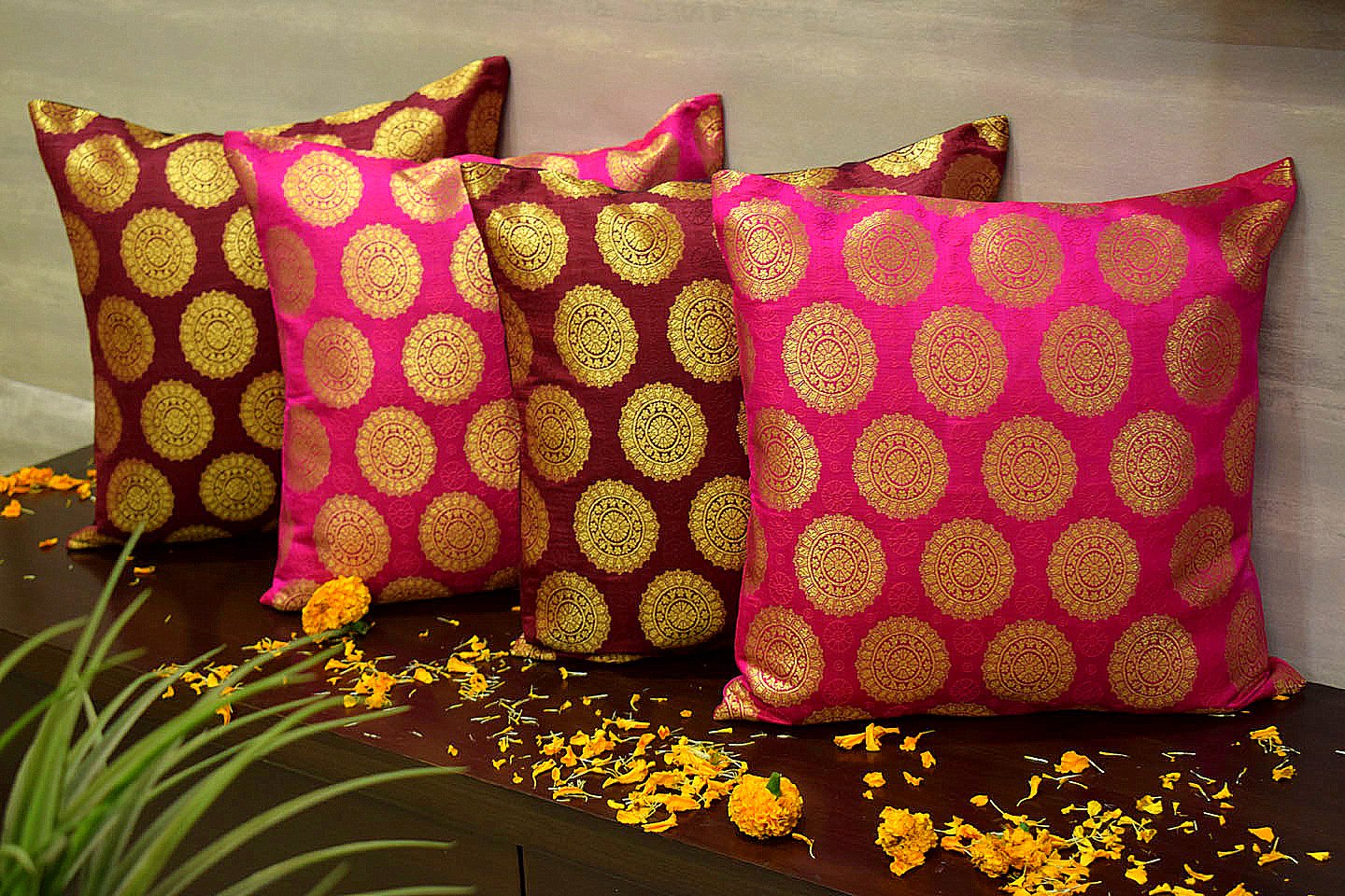 Mandala Brocade Silk Cushion Covers Combo (Maroon & Magenta)