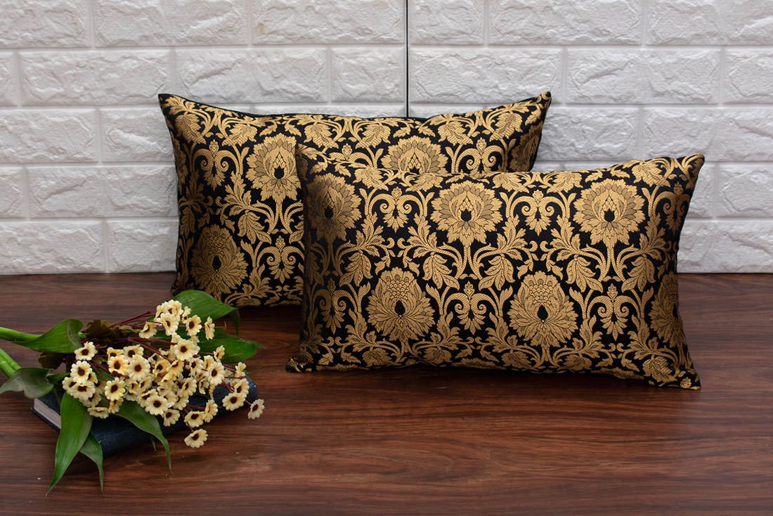 MUGHAL BANARASI Brocade Long Rectangular Cushion Covers (Black & Golden)