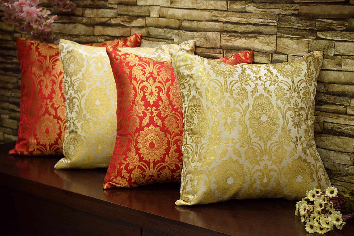 MUGHAL BANARASI Brocade Cushion Covers Combo (Red & White)