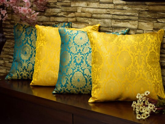 MUGHAL BANARASI Brocade Cushion Covers Combo (Yellow & Green)