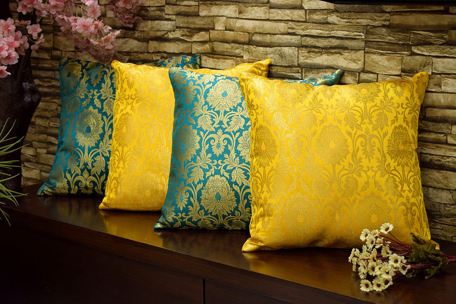 MUGHAL BANARASI Brocade Cushion Covers Combo (Yellow & Green)