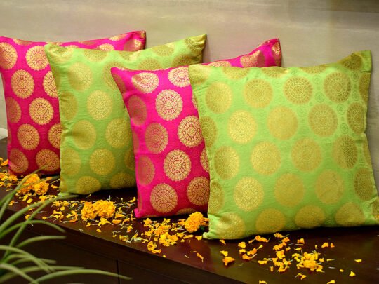 Mandala Brocade Silk Cushion Covers Combo (Green & Magenta)