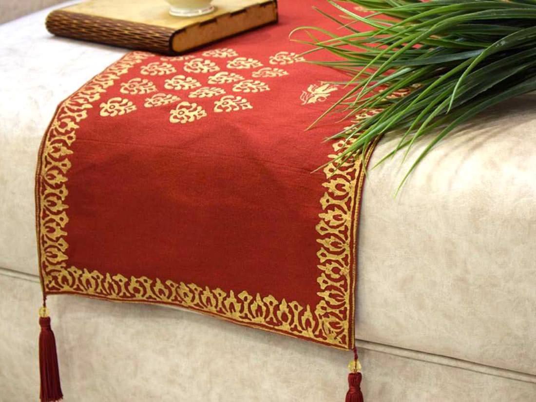Royal Gold Hand Block Printed Premium Quality Silk Ethnic Table Runner - Maroon