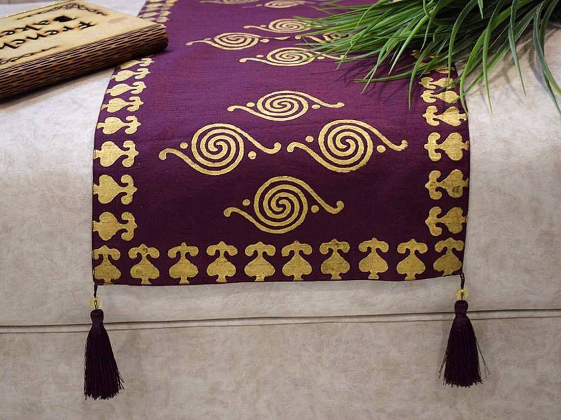 Royal Gold Hand Block Printed Premium Quality Silk Ethnic Table Runner - Wine