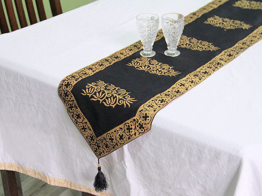 Royal Gold Hand Block Printed Silky Table Runner - Black