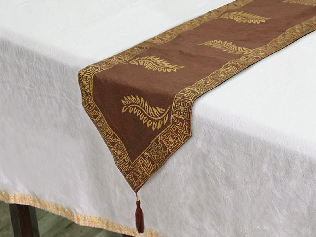 Royal Gold Hand Block Printed Silky Table Runner - Brown