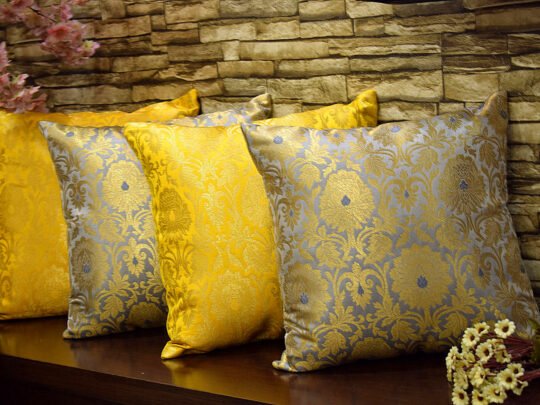MUGHAL BANARASI Brocade Cushion Covers Combo (Yellow & Grey)