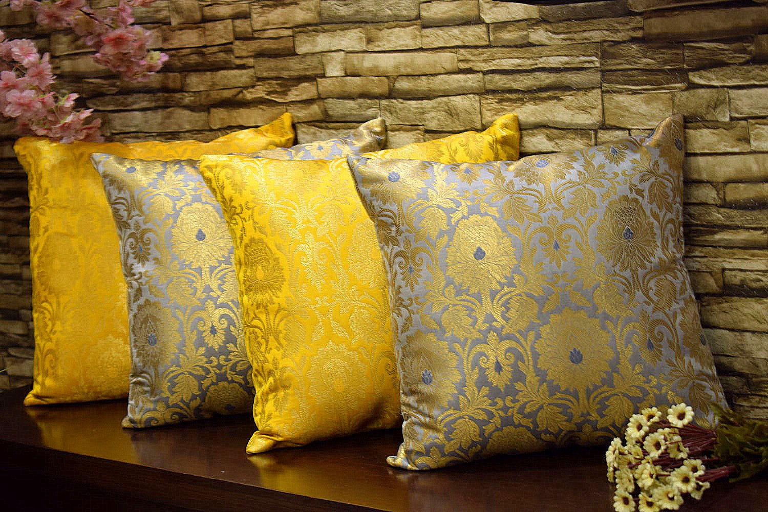 MUGHAL BANARASI Brocade Cushion Covers Combo (Yellow & Grey)