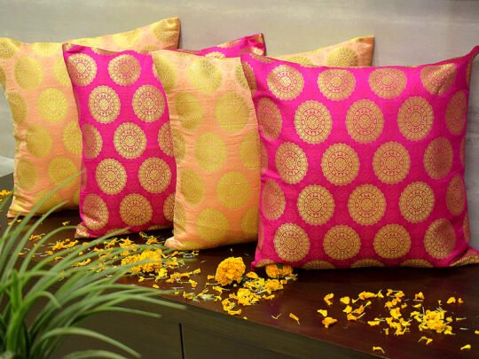Mandala Brocade Silk Cushion Covers Combo (Coral & Magenta)
