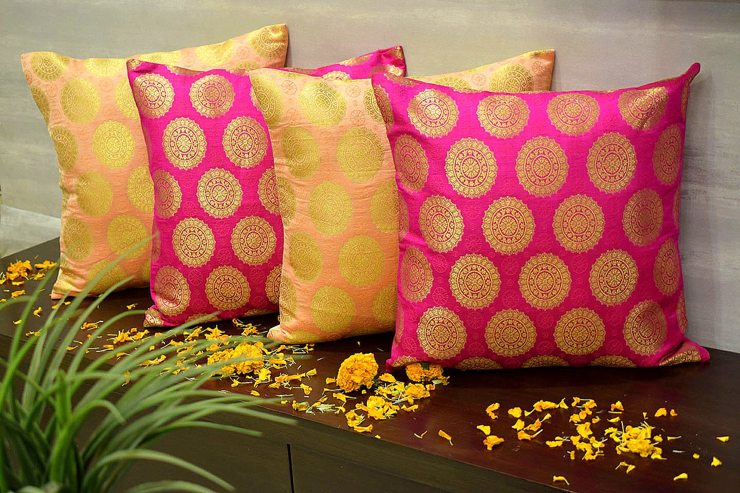 Mandala Brocade Silk Cushion Covers Combo (Coral & Magenta)