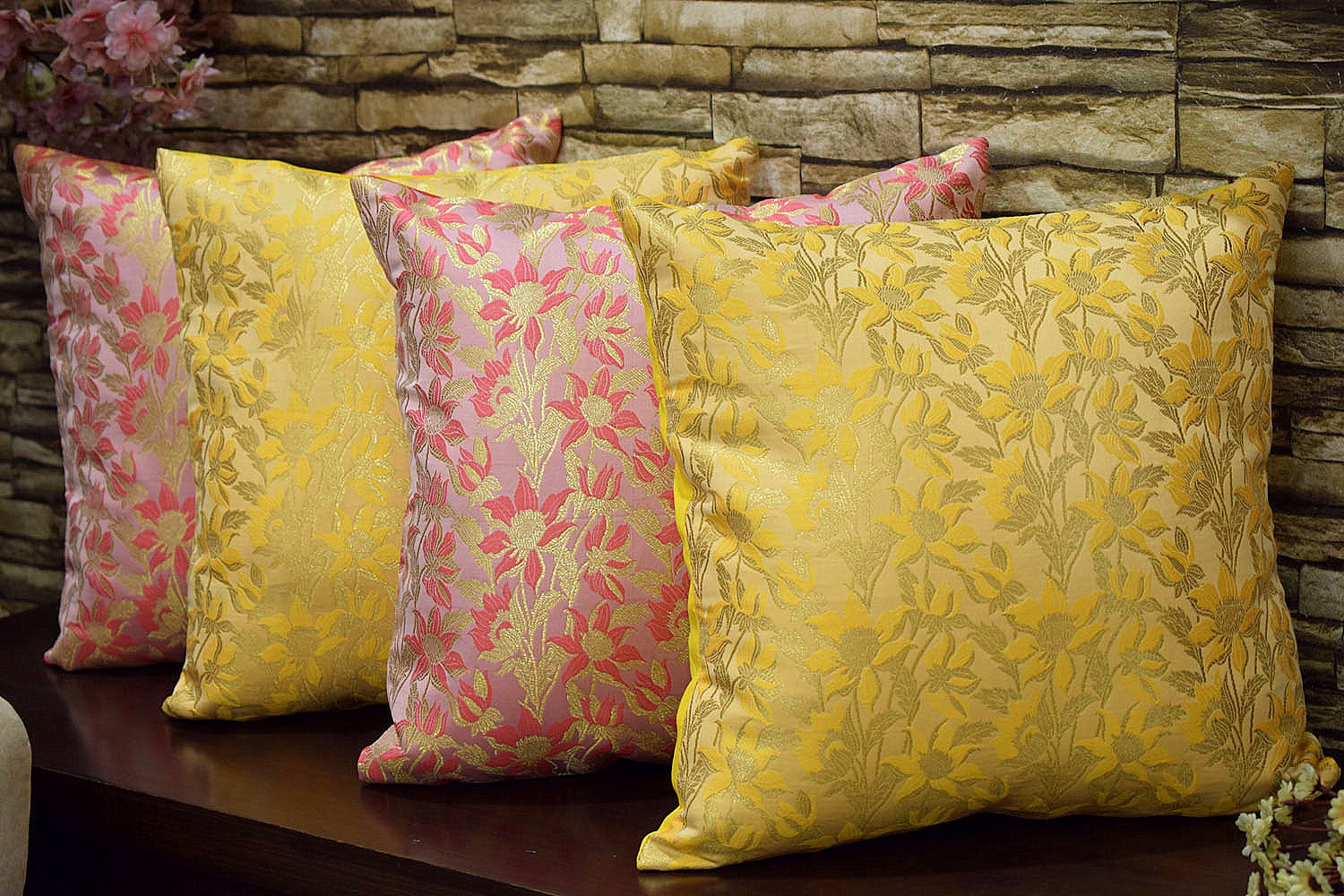 Bageecha Floral Brocade Silk Cushion Covers Combo (Yellow & Coral)