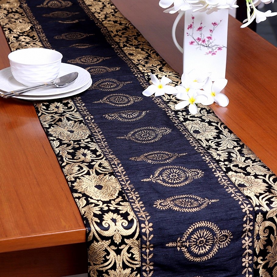 Mughal Banarasi Gardish Block Printed Table Runner - Black - Image 4