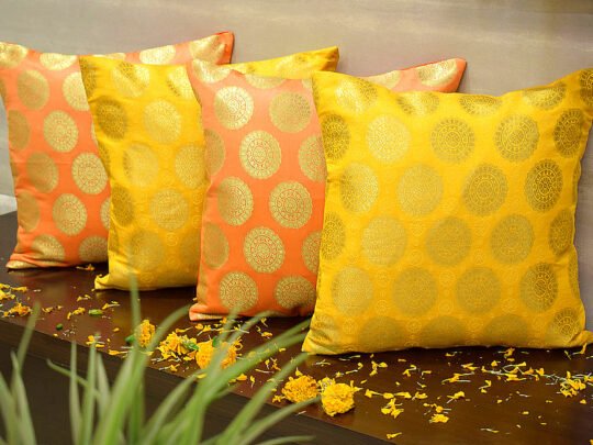 Mandala Brocade Silk Cushion Covers Combo (Orange & Yellow)