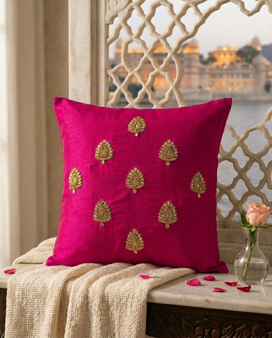 Swarn Paan Patti Beads, Kundan & Zari Hand Embroidery Magenta Cushion Covers