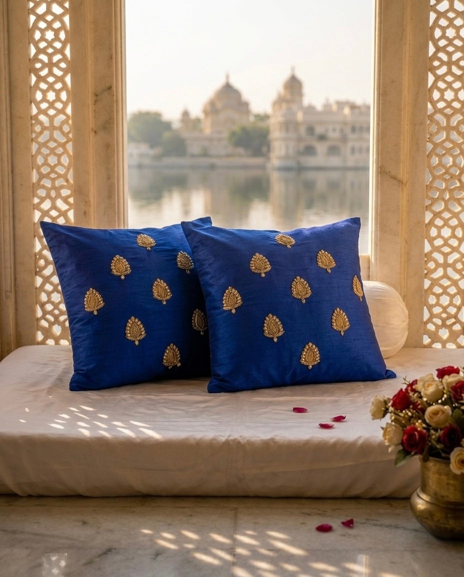Swarn Paan Patti Beads, Kundan & Zari Hand Embroidery Blue Cushion Covers