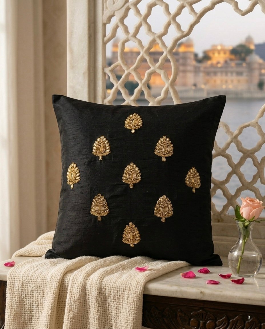 Swarn Paan Patti Beads, Kundan & Zari Hand Embroidery Black Cushion Covers