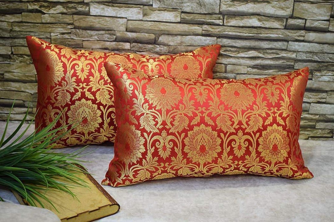 MUGHAL BANARASI Brocade Long Rectangular Cushion Covers (Red & Golden)
