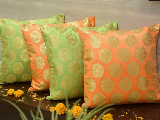 Mandala Brocade Silk Cushion Covers Combo (Green & Orange)
