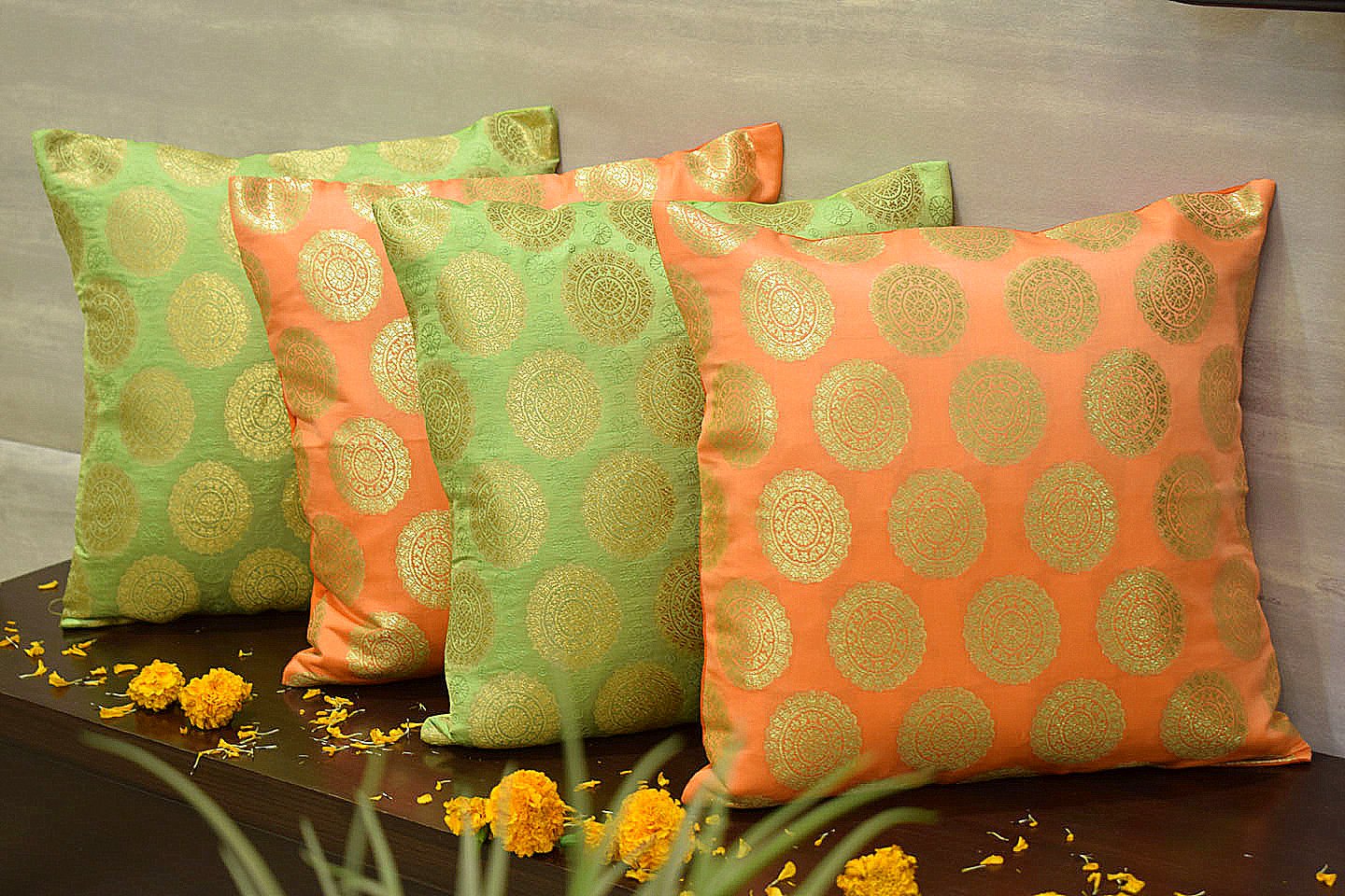 Mandala Brocade Silk Cushion Covers Combo (Green & Orange)