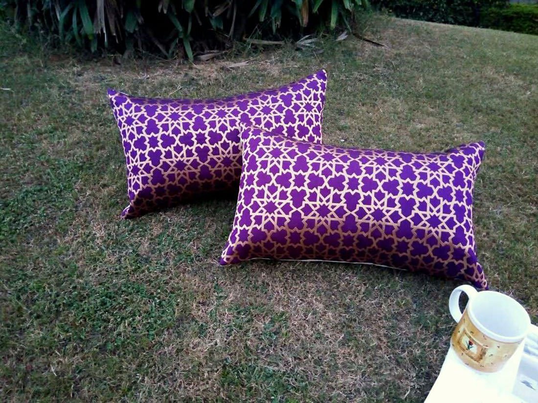 Premium Quality Royal Purple & Golden Brocade Geometric Design Long Cushion Covers