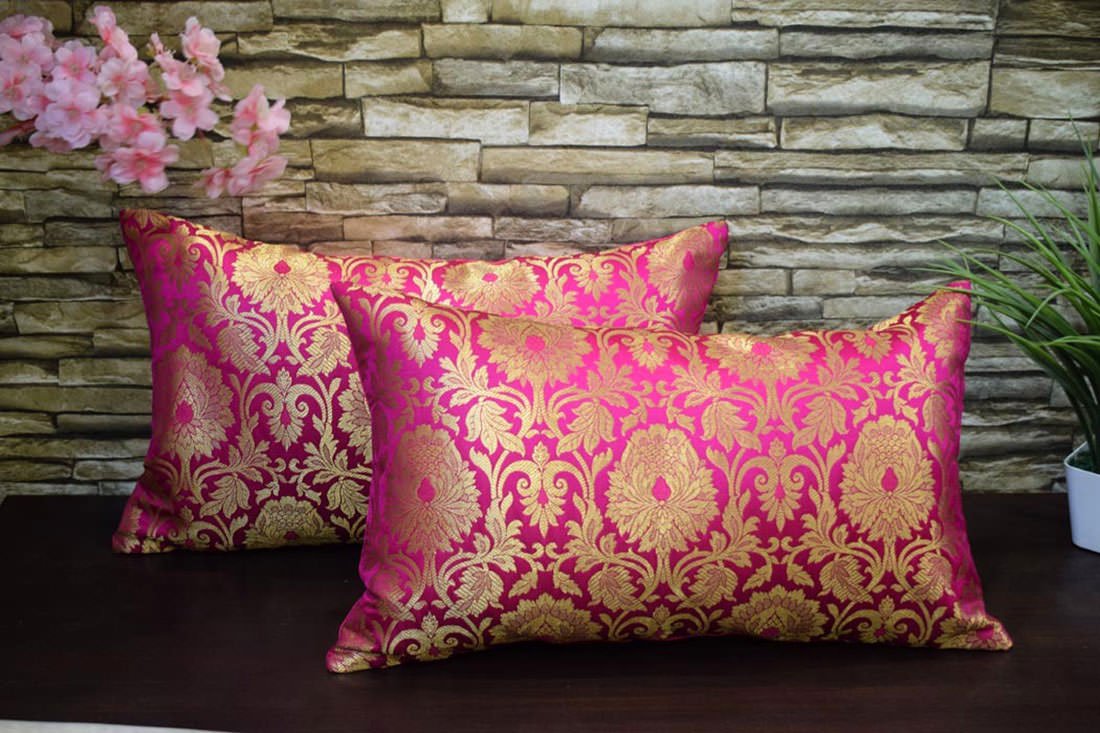MUGHAL BANARASI Brocade Long Rectangular Cushion Covers (Bougainvillea Pink & Golden)