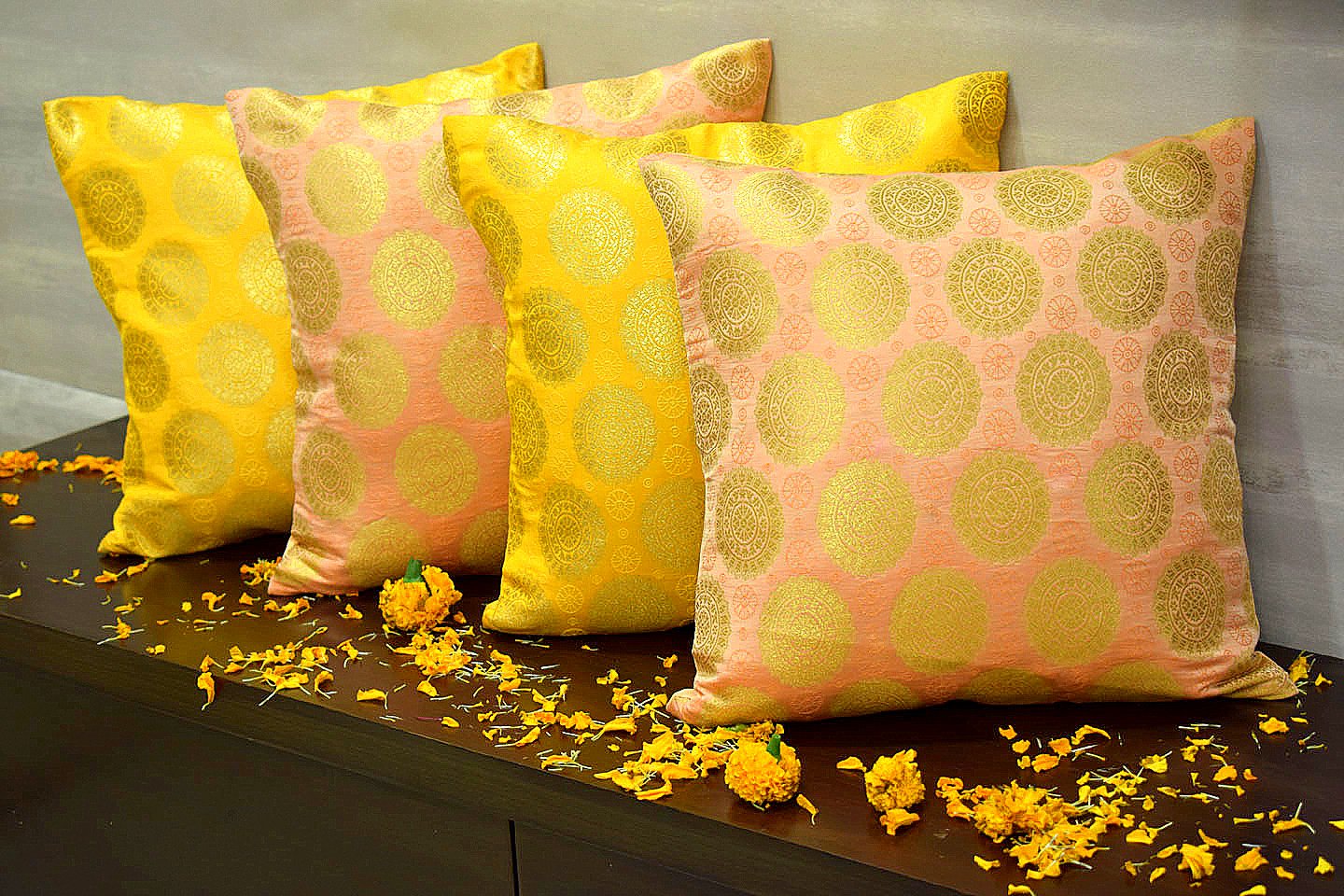 Mandala Brocade Silk Cushion Covers Combo (Coral & Yellow)