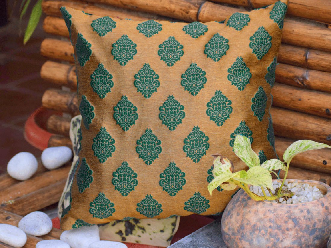 Premium Quality Teal Green & Golden Brown Brocade Embossed Design Cushion Covers