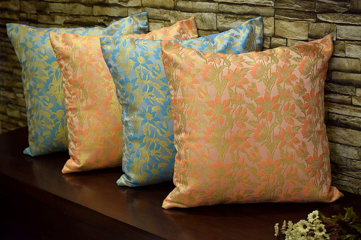 Bageecha Floral Brocade Silk Cushion Covers Combo (Peach & Sky Blue)