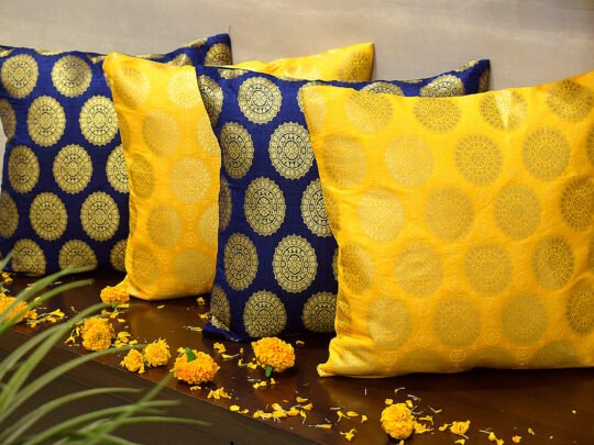 Mandala Brocade Silk Cushion Covers Combo (Blue & Yellow)