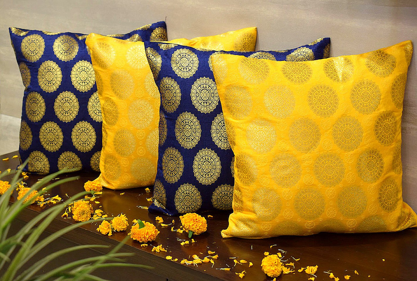 Mandala Brocade Silk Cushion Covers Combo (Blue & Yellow)