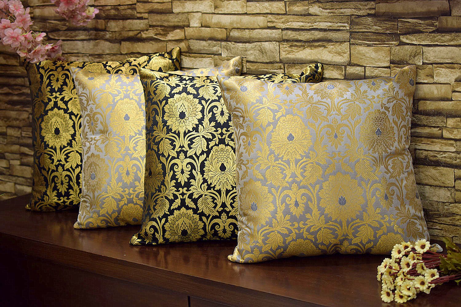 MUGHAL BANARASI Brocade Cushion Covers Combo (Black & Grey)