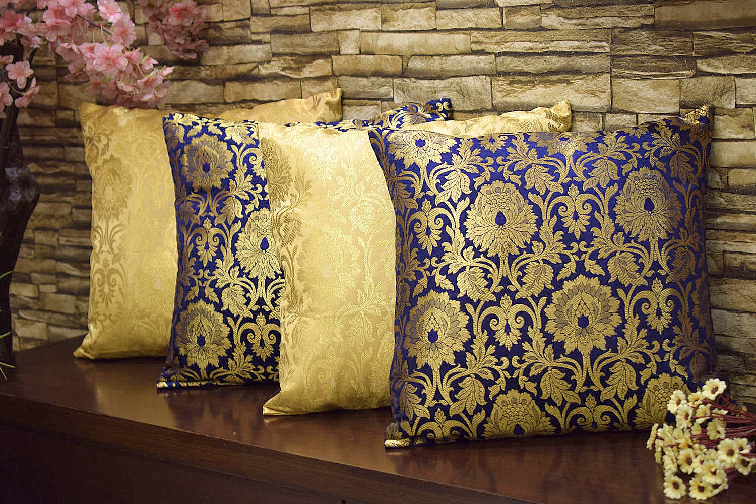 MUGHAL BANARASI Brocade Cushion Covers Combo (Marigold & Blue)