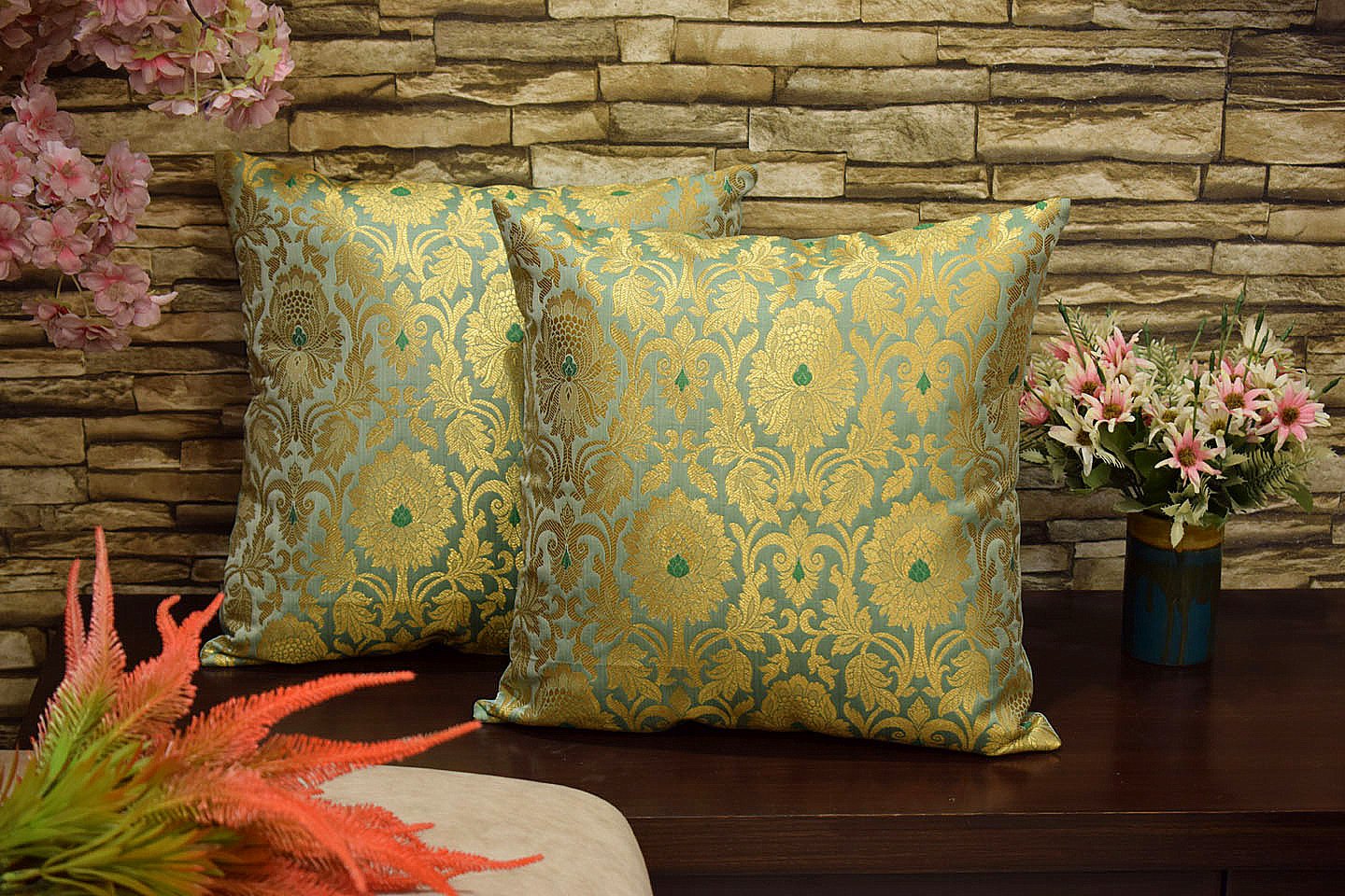 MUGHAL BANARASI Brocade Cushion Covers (Sage Green & Golden)