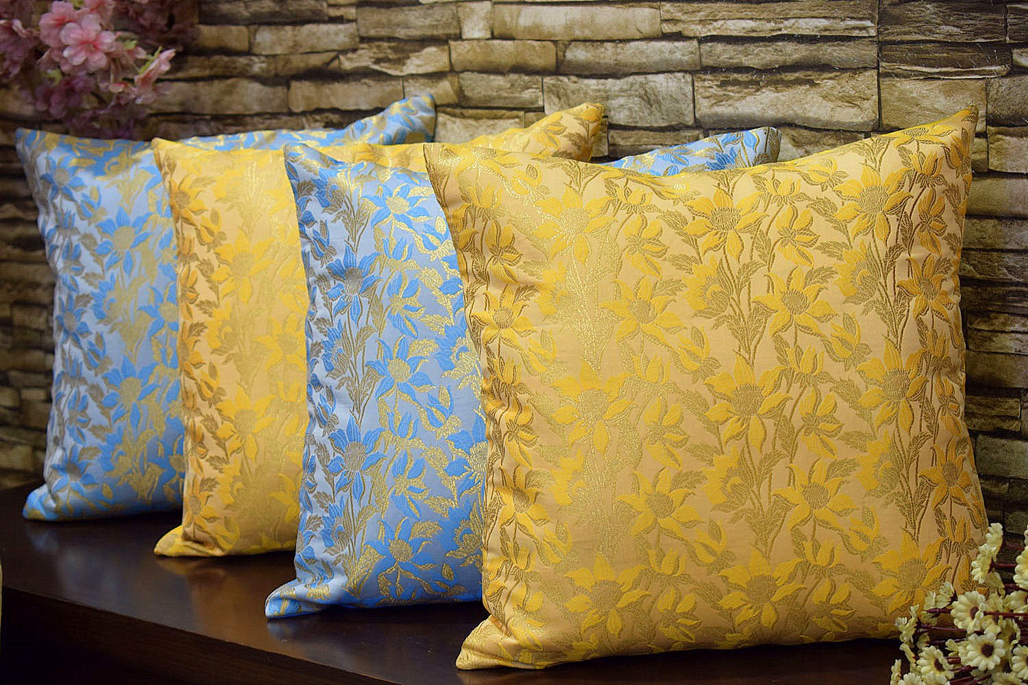 Bageecha Floral Brocade Silk Cushion Covers Combo (Sky Blue & Yellow)