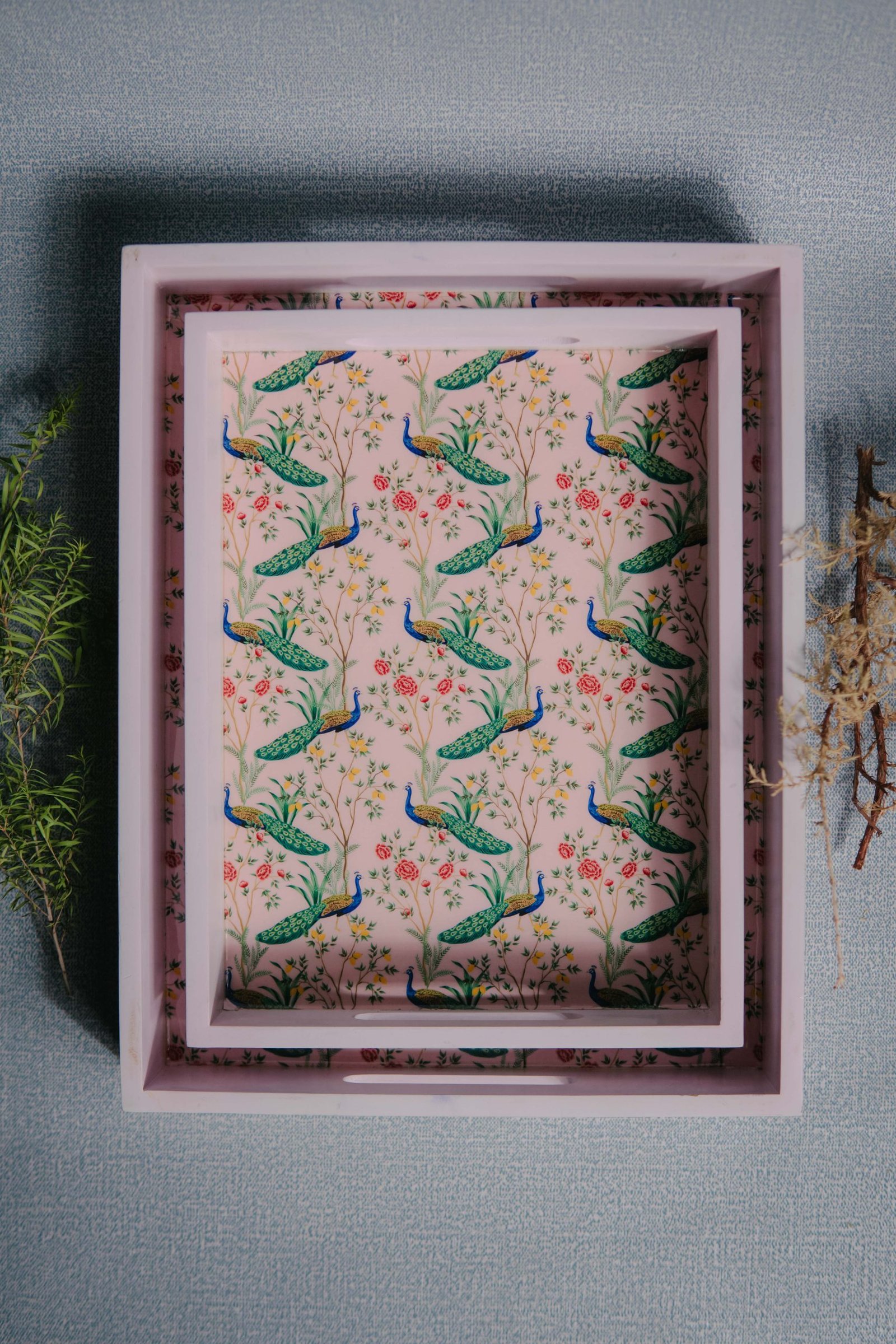 Wooden Artistic Mayur Firdaus Serving Trays (Set of 2)