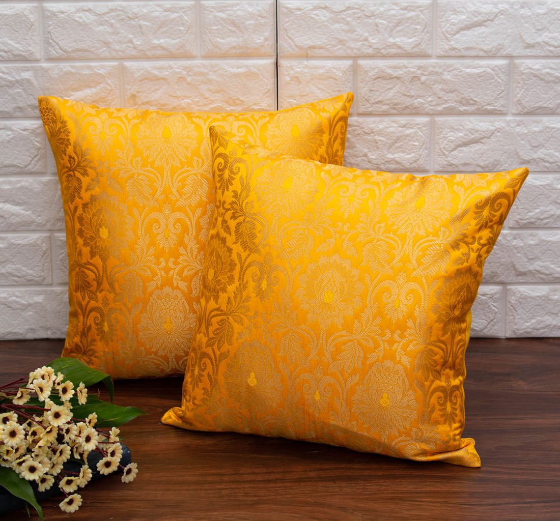 MUGHAL BANARASI Brocade Cushion Covers (Yellow & Golden)