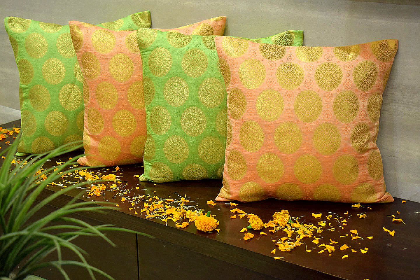 Mandala Brocade Silk Cushion Covers Combo (Green & Coral)