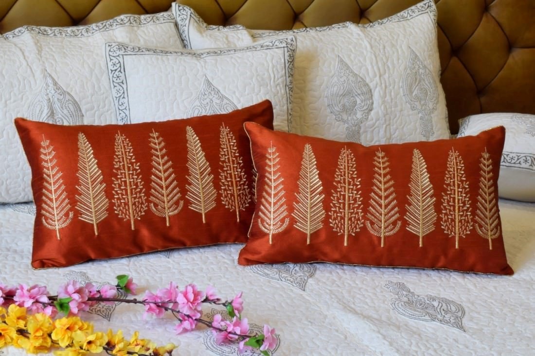 Baag-e-Bahaar Red Brown Rectangular Cushion Covers