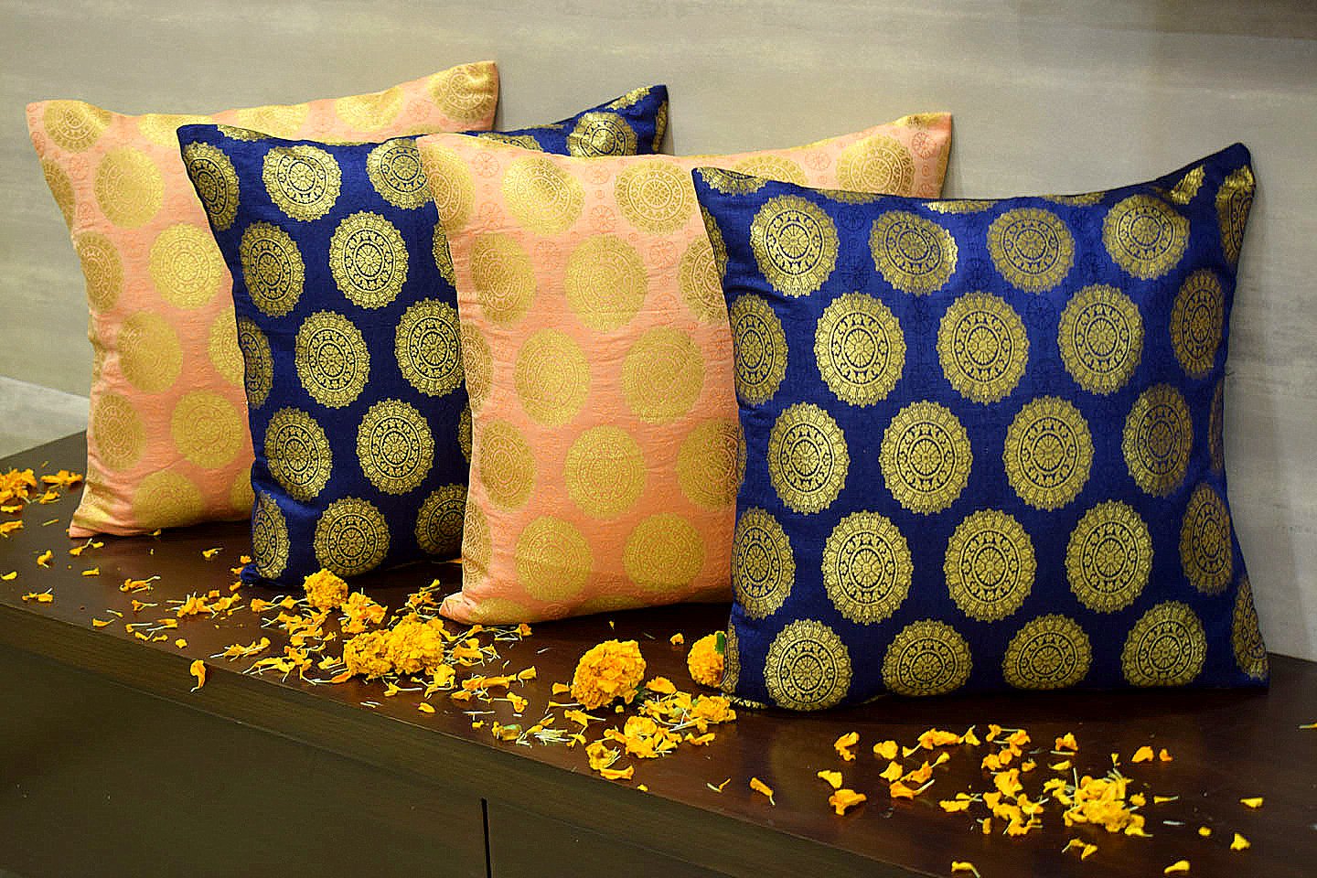 Mandala Brocade Silk Cushion Covers Combo (Blue & Coral)