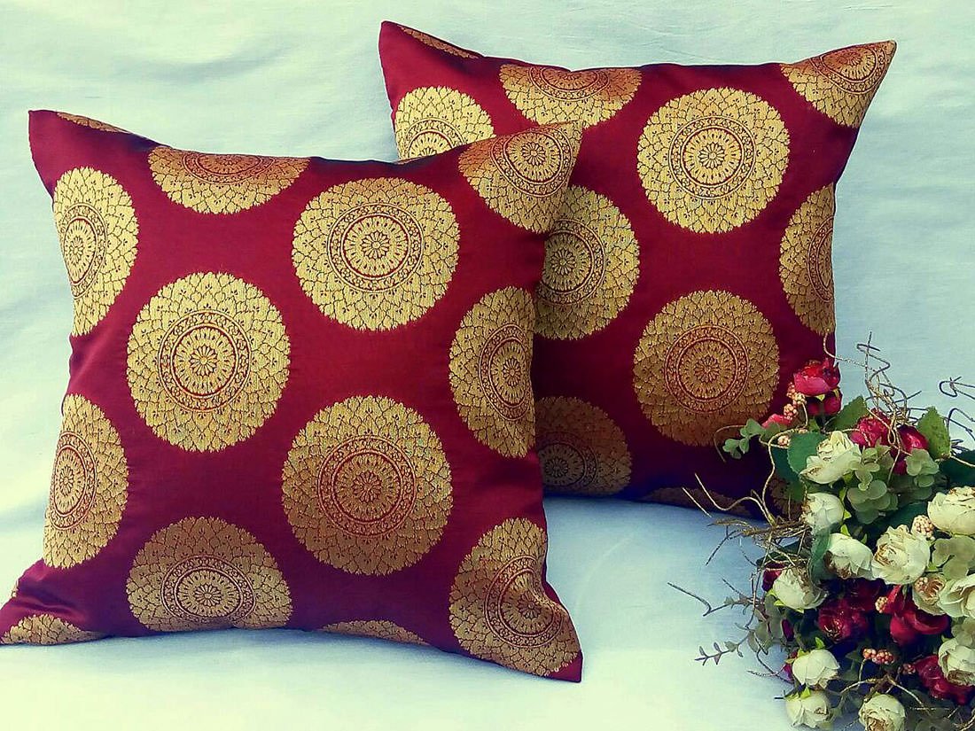 Premium Quality Maroon & Golden Designer Circle Brocade Cushion Covers