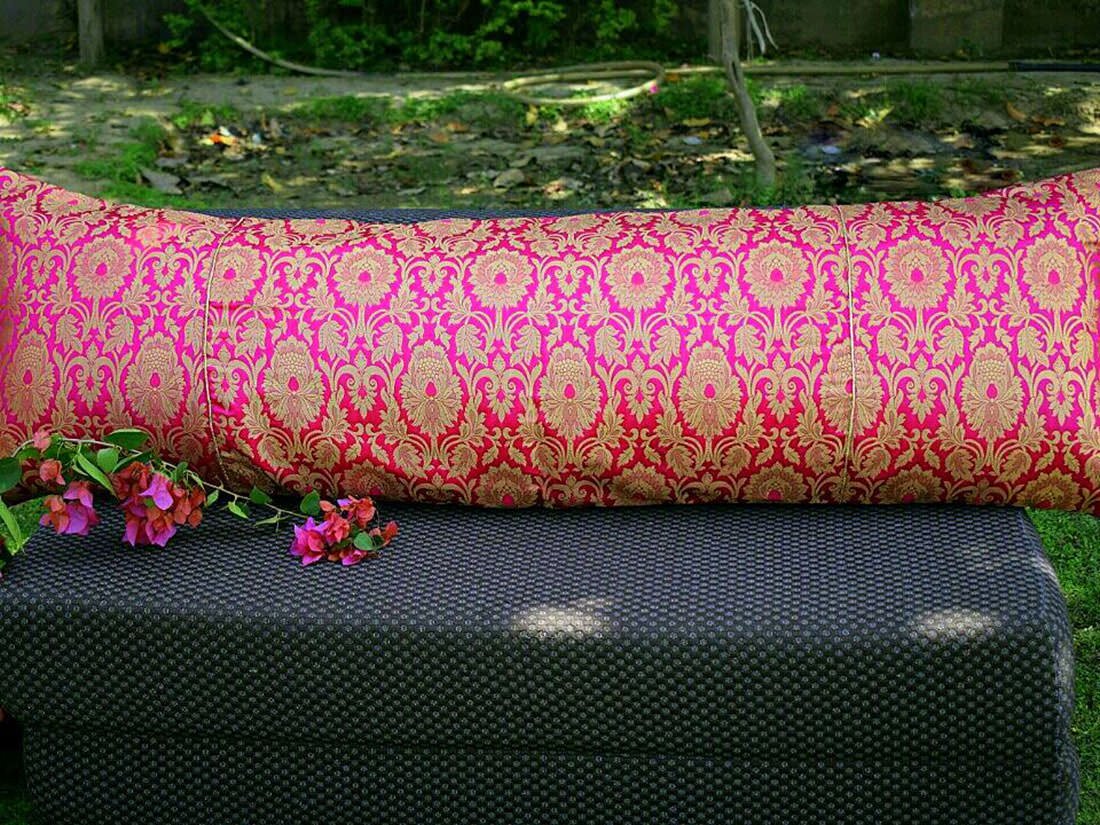 Extra Long Buogainvillea Pink & Golden Mughal Banarasi Brocade Pillow Cover With Filler