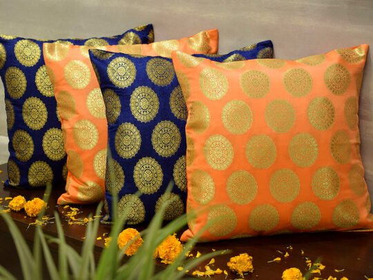 Mandala Brocade Silk Cushion Covers Combo (Blue & Orange)