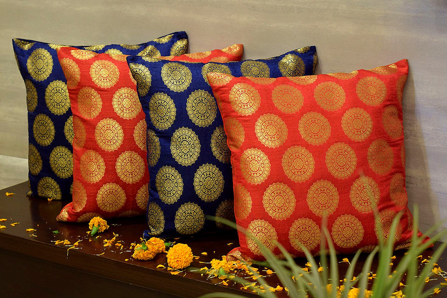 Mandala Brocade Silk Cushion Covers Combo (Blue & Red)