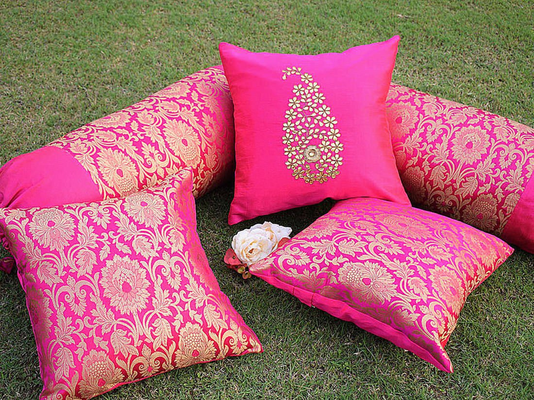 5 Piece Pure Brocade Bougainvillea Pink & Golden Classic MUGHAL BANARASI Design Diwan Set Combo